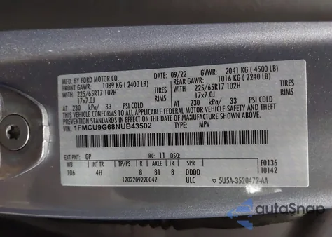 2022 Ford Escape Se from USA, damaged, VIN 1FMCU9G68NUB43502